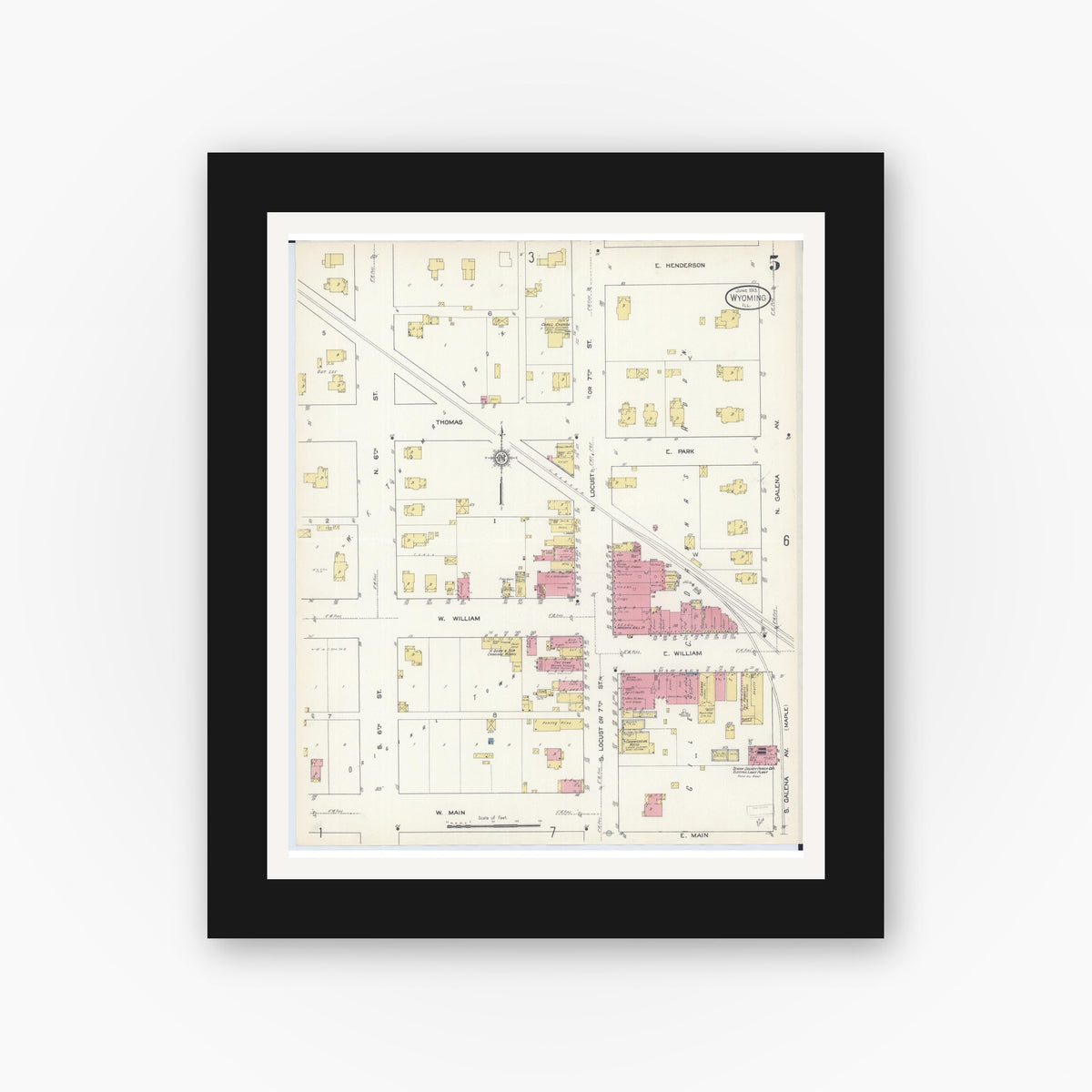 Old map wall art mockup — black gallery frame with white mat — Sanborn Fire Insurance Map from Wyoming, Stark County, Illinois (1913), Sheet #0005