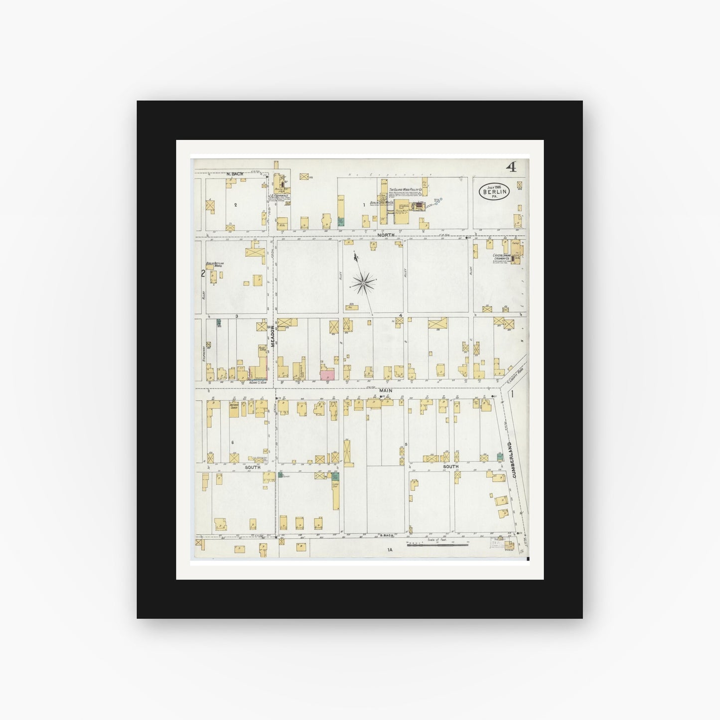 Old map wall art mockup — black gallery frame with white mat — Sanborn Fire Insurance Map from Berlin, Somerset County, Pennsylvania (1905), Sheet #0004
