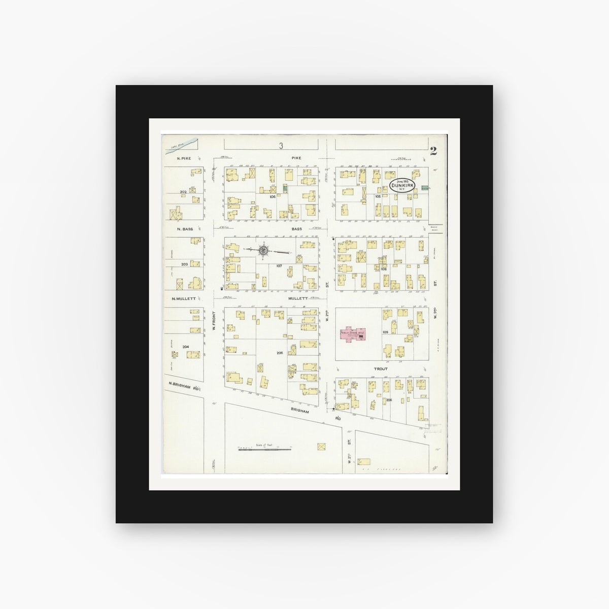 Old map wall art mockup — black gallery frame with white mat — Sanborn Fire Insurance Map from Dunkirk, Chautauqua County, New York (1910) - Complete Map Set