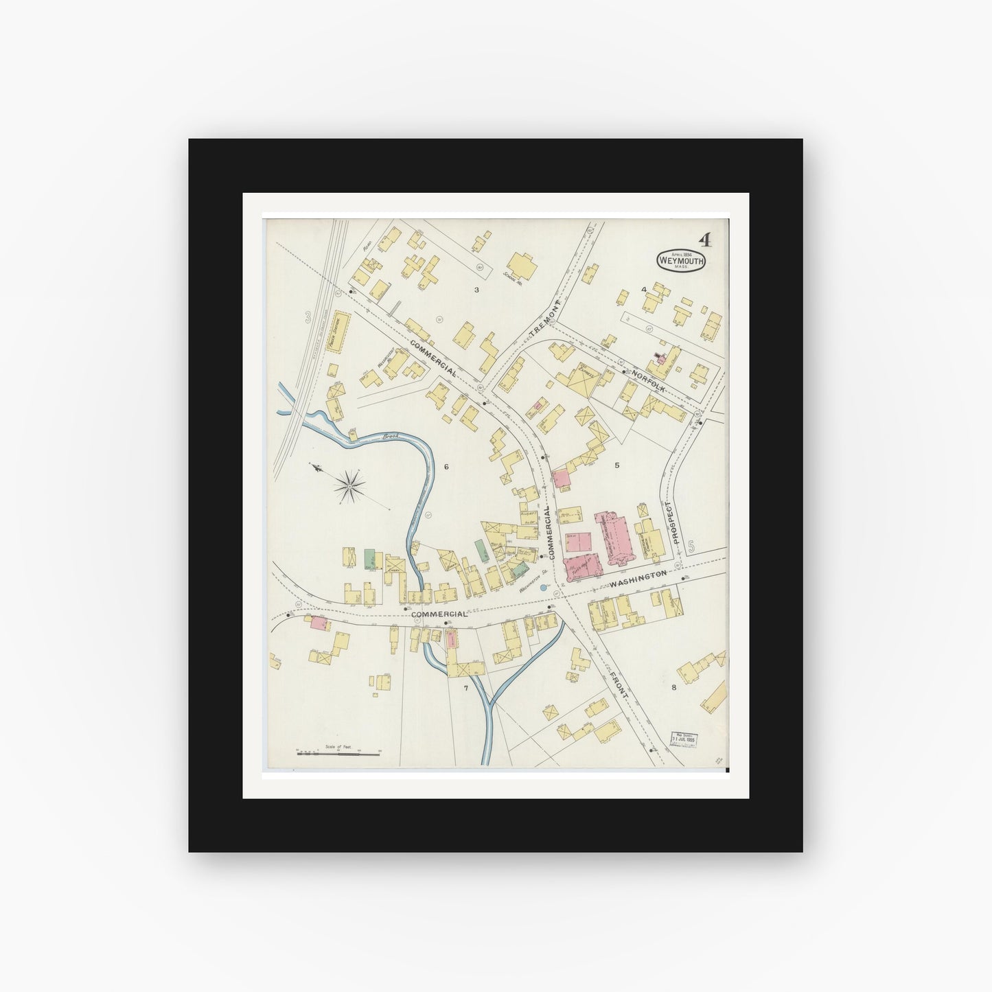 Old map wall art mockup — black gallery frame with white mat — Sanborn Fire Insurance Map from Weymouth, Norfolk County, Massachusetts (1894), Sheet #0004