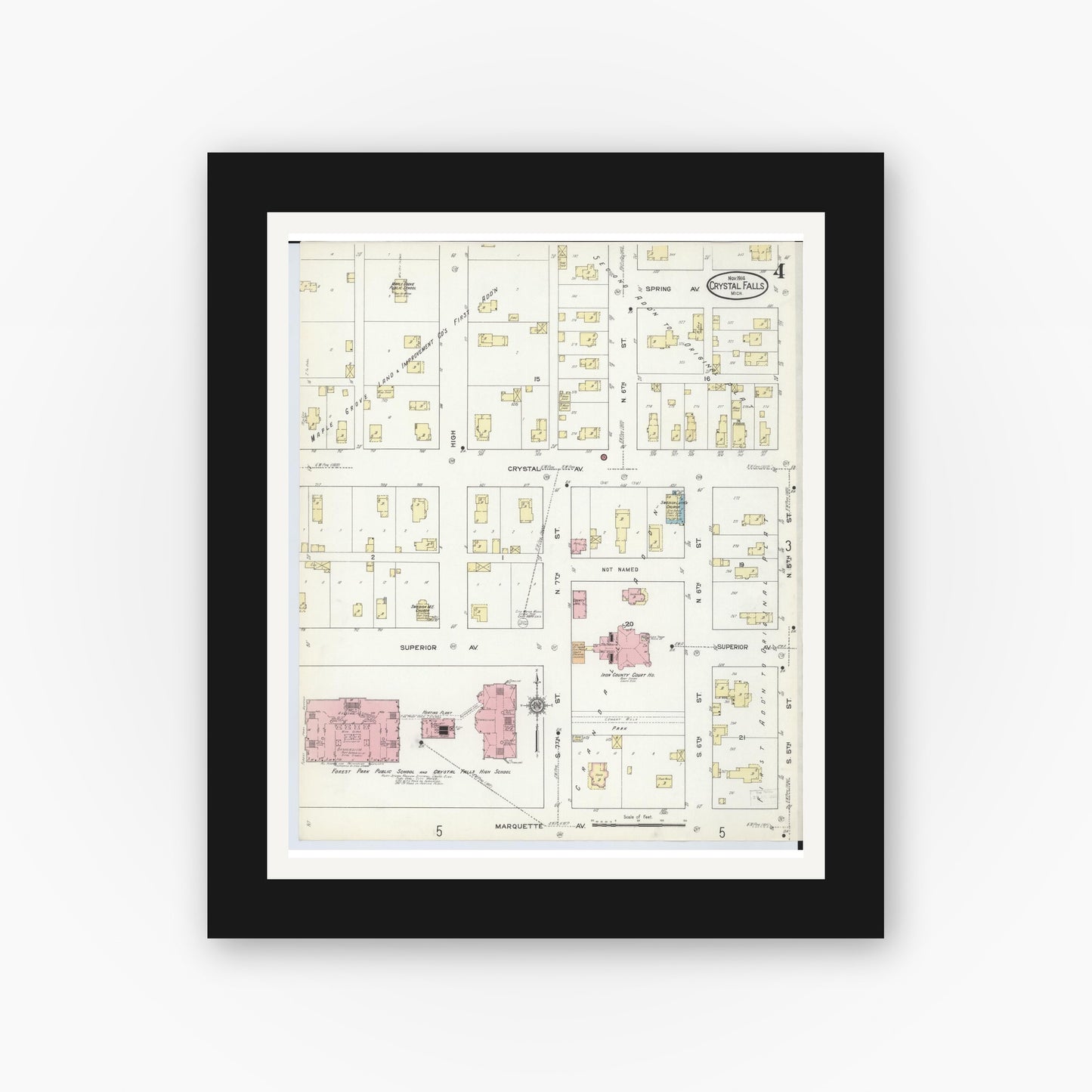 Old map wall art mockup — black gallery frame with white mat — Sanborn Fire Insurance Map from Crystal Falls, Iron County, Michigan (1914), Sheet #0004