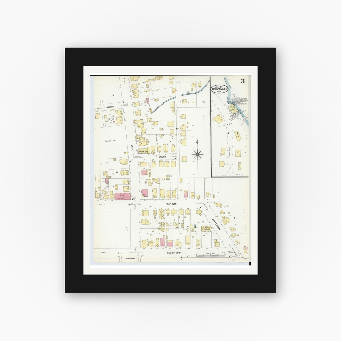Old map wall art mockup — black gallery frame with white mat — Sanborn Fire Insurance Map from Nelsonville, Athens County, Ohio (1907), Sheet #0003