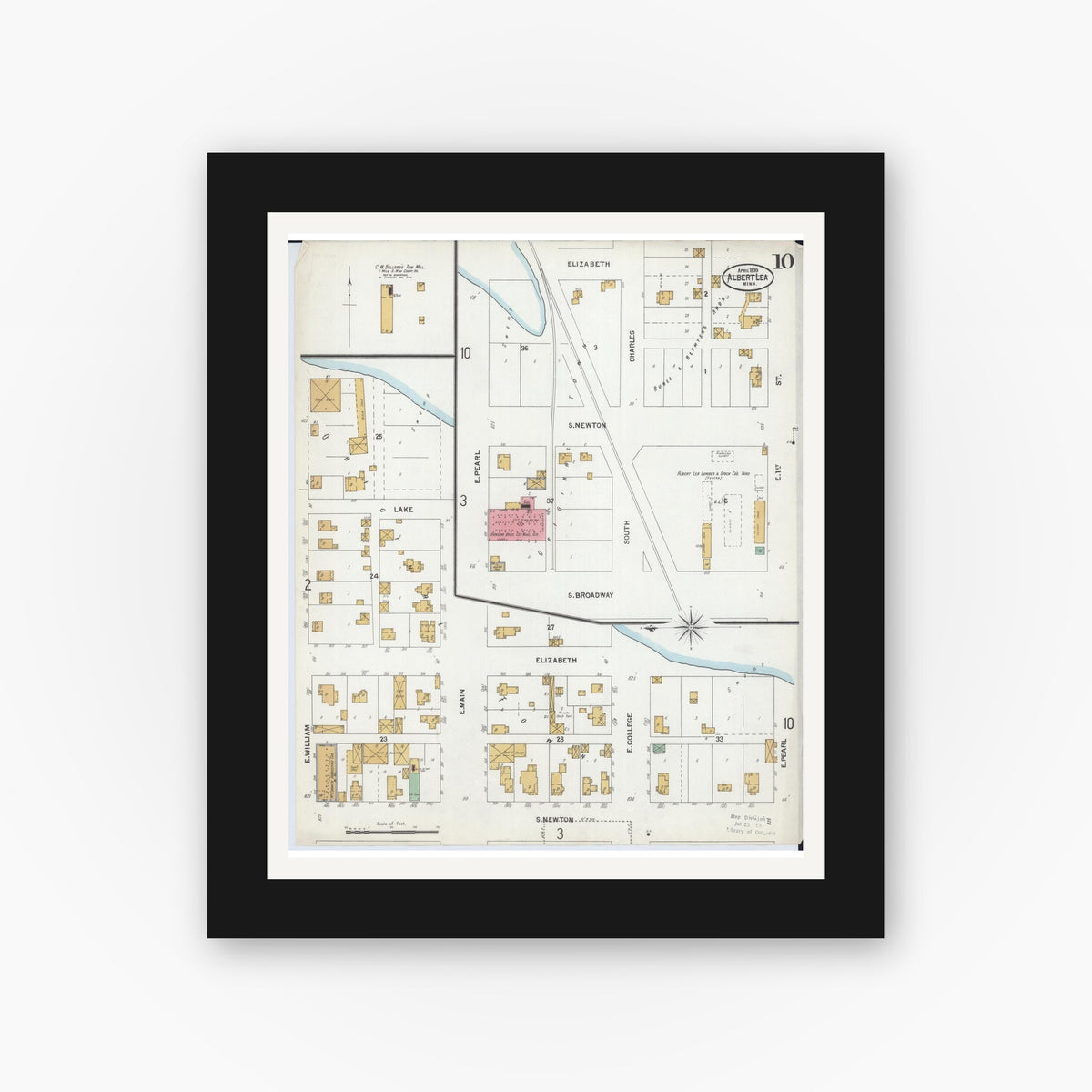 Old map wall art mockup — black gallery frame with white mat — Sanborn Fire Insurance Map from Albert Lea, Freeborn County, Minnesota (1899), Sheet #0010