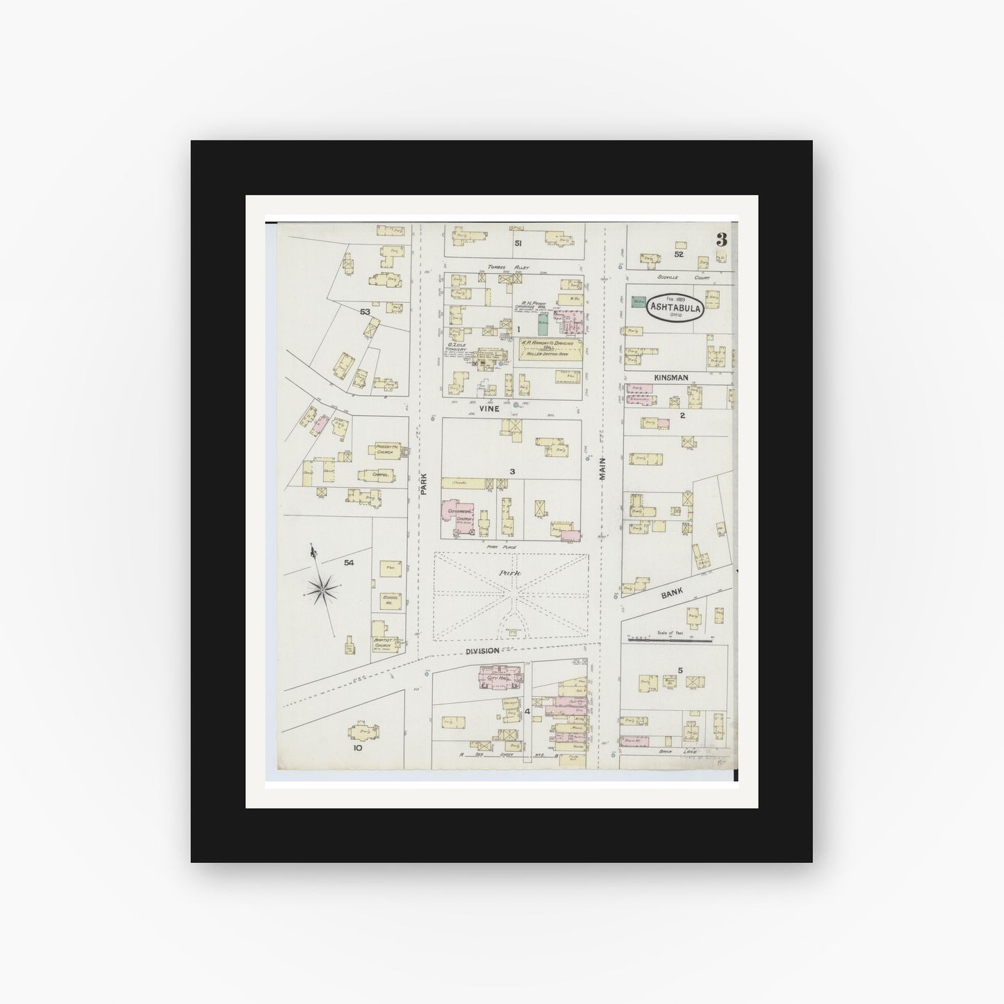 Old map wall art mockup — black gallery frame with white mat — Sanborn Fire Insurance Map from Ashtabula, Ashtabula County, Ohio (1889), Sheet #0003