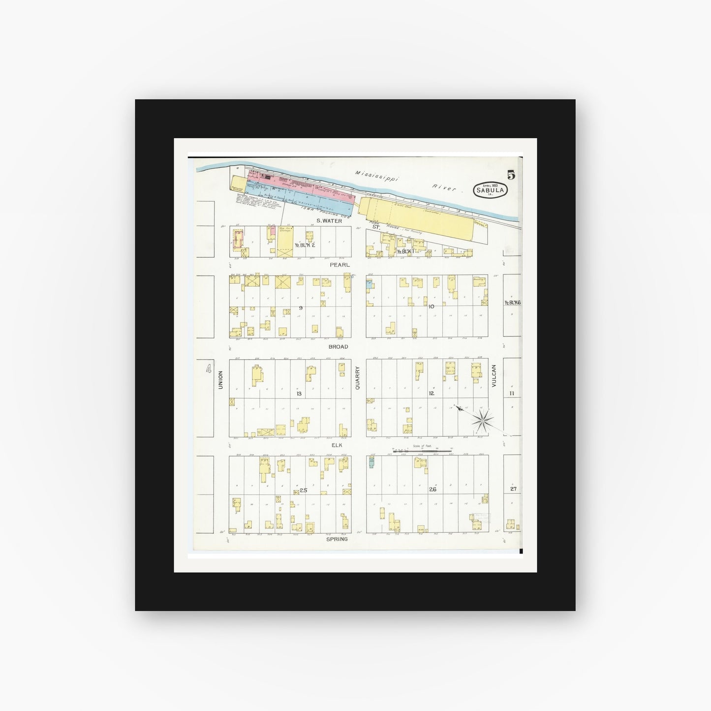 Old map wall art mockup — black gallery frame with white mat — Sanborn Fire Insurance Map from Sabula, Jackson County, Iowa (1893), Sheet #0005