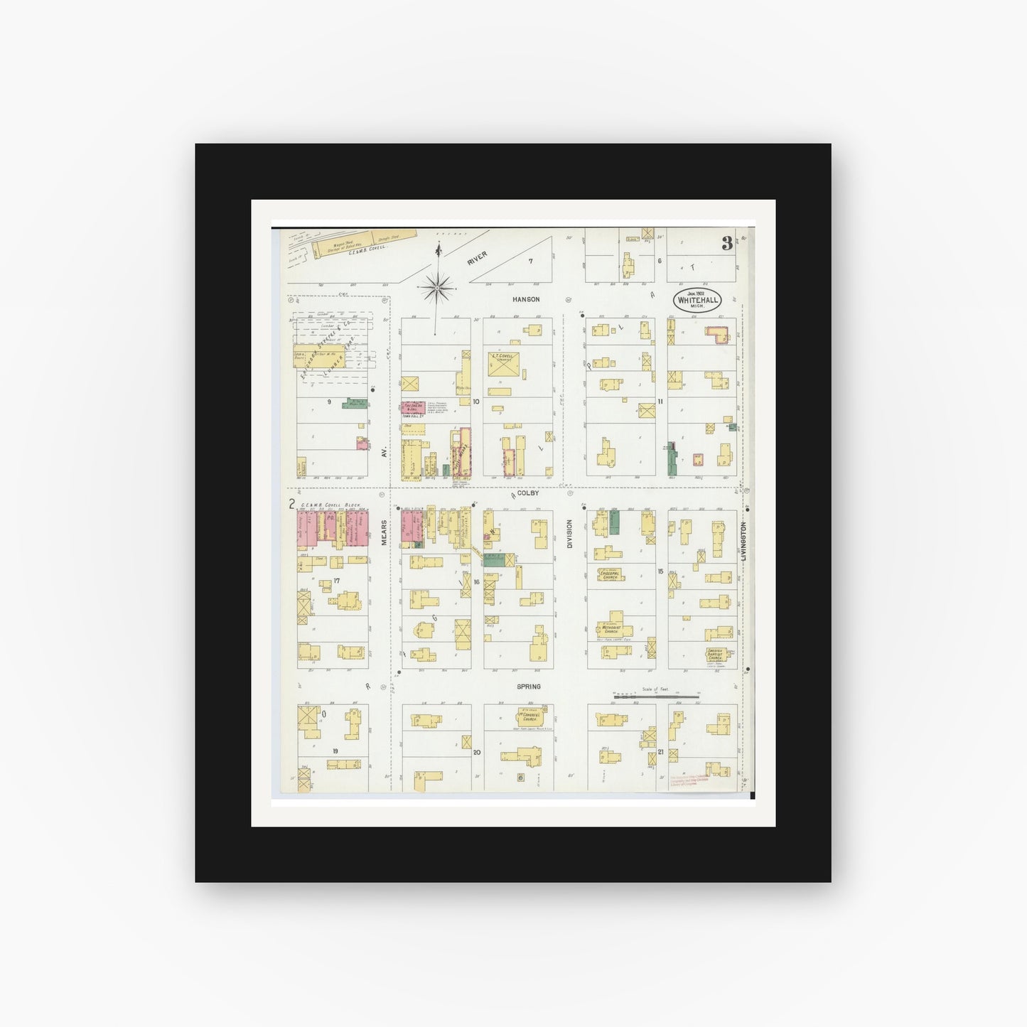 Old map wall art mockup — black gallery frame with white mat — Sanborn Fire Insurance Map from Whitehall, Muskegon County, Michigan (1902), Sheet #0003