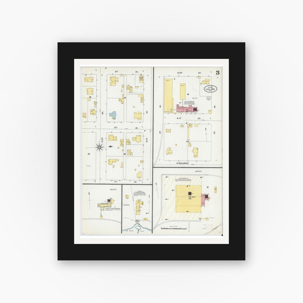 Old map wall art mockup — black gallery frame with white mat — Sanborn Fire Insurance Map from Luling, Caldwell County, Texas (1902), Sheet #0003