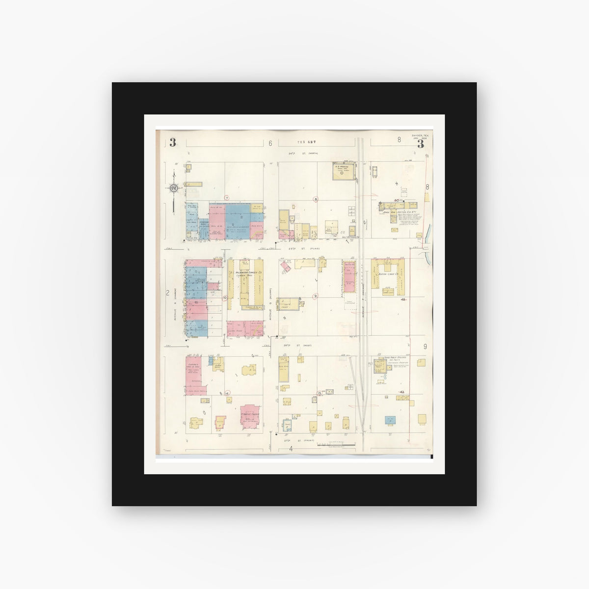 Old map wall art mockup — black gallery frame with white mat — Sanborn Fire Insurance Map from Snyder, Scurry County, Texas (1942), Sheet #0003