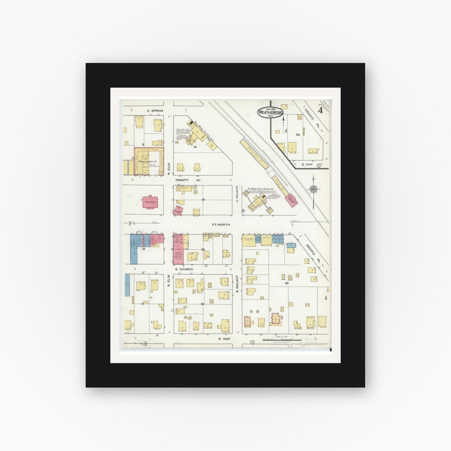 Old map wall art mockup — black gallery frame with white mat — Sanborn Fire Insurance Map from Weatherford, Parker County, Texas (1921), Sheet #0004