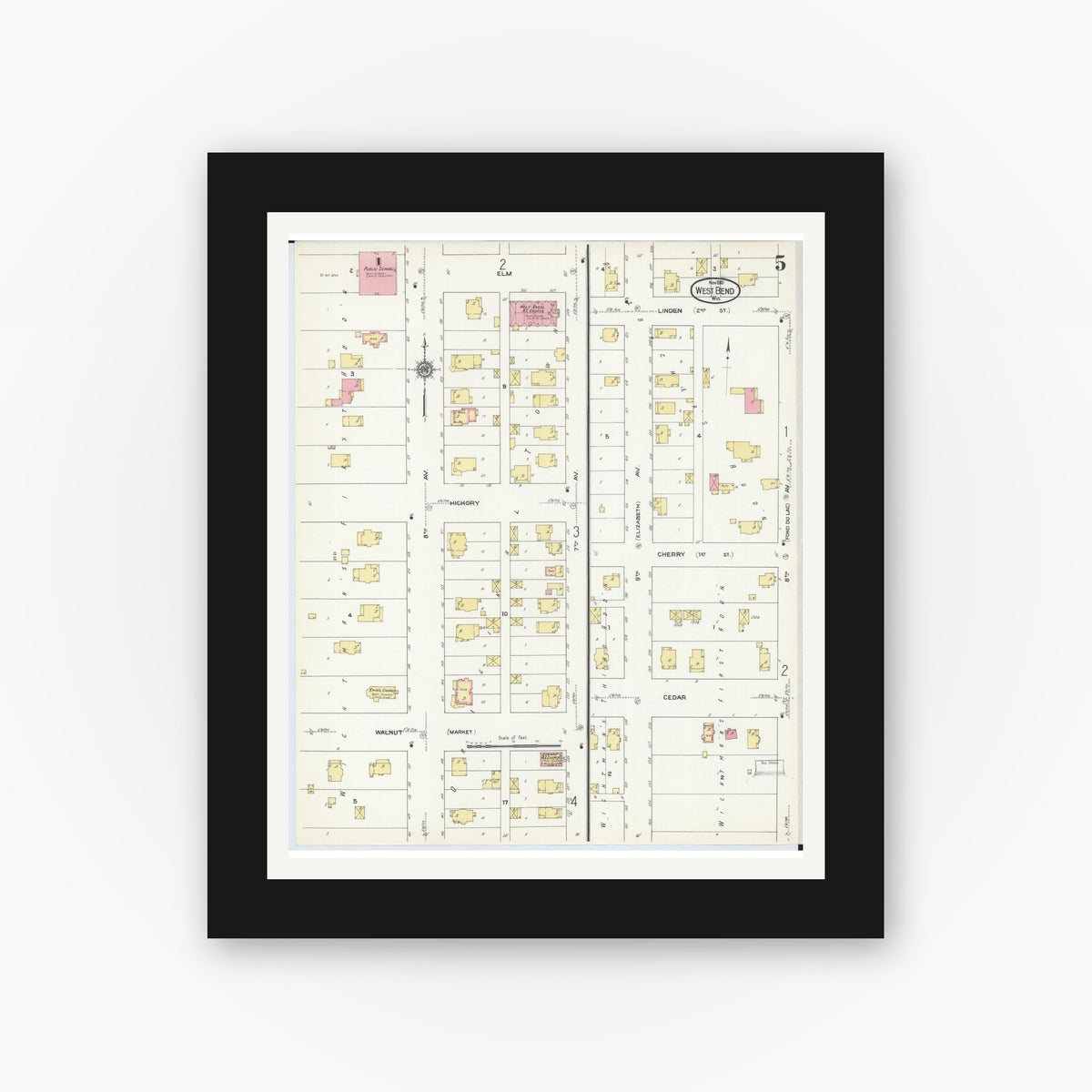 Old map wall art mockup — black gallery frame with white mat — Sanborn Fire Insurance Map from West Bend, Washington County, Wisconsin (1910), Sheet #0005