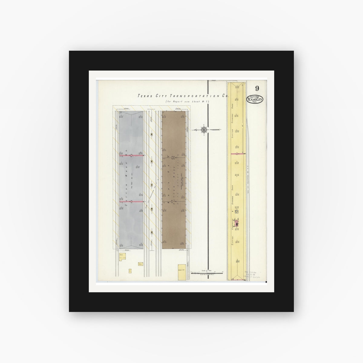 Old map wall art mockup — black gallery frame with white mat — Sanborn Fire Insurance Map from Texas City, Galveston County, Texas (1920), Sheet #0009