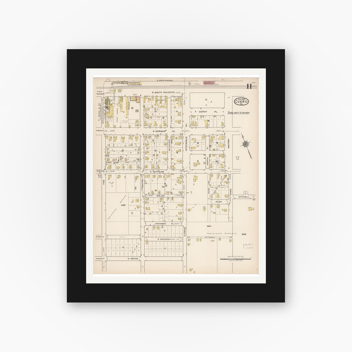 Old map wall art mockup — black gallery frame with white mat — Sanborn Fire Insurance Map from Cuero, De Witt County, Texas (1922), Sheet #0011