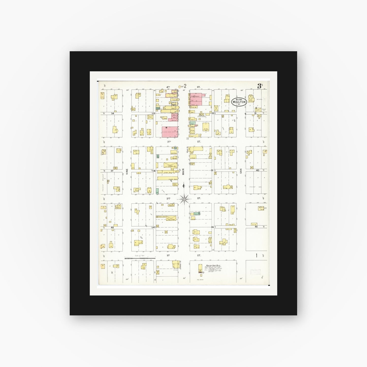 Old map wall art mockup — black gallery frame with white mat — Sanborn Fire Insurance Map from Moulton, Appanoose County, Iowa (1900), Sheet #0003