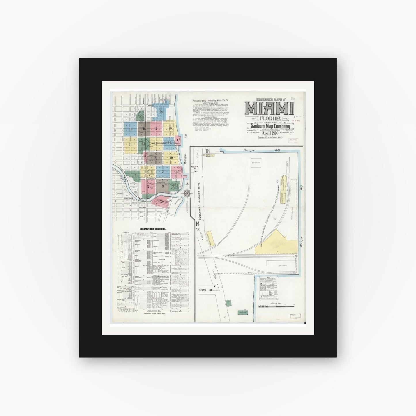 Old map wall art mockup — black gallery frame with white mat — Sanborn Fire Insurance Map from Miami, Dade County, Florida (1910) - Complete Map Set