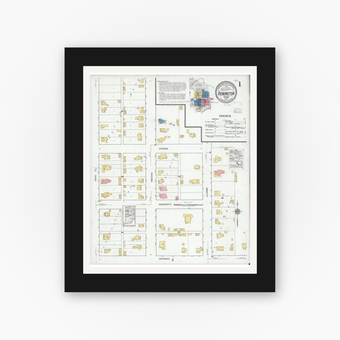 Old map wall art mockup — black gallery frame with white mat — Sanborn Fire Insurance Map from Remington, Jasper County, Indiana (1919) - Complete Map Set