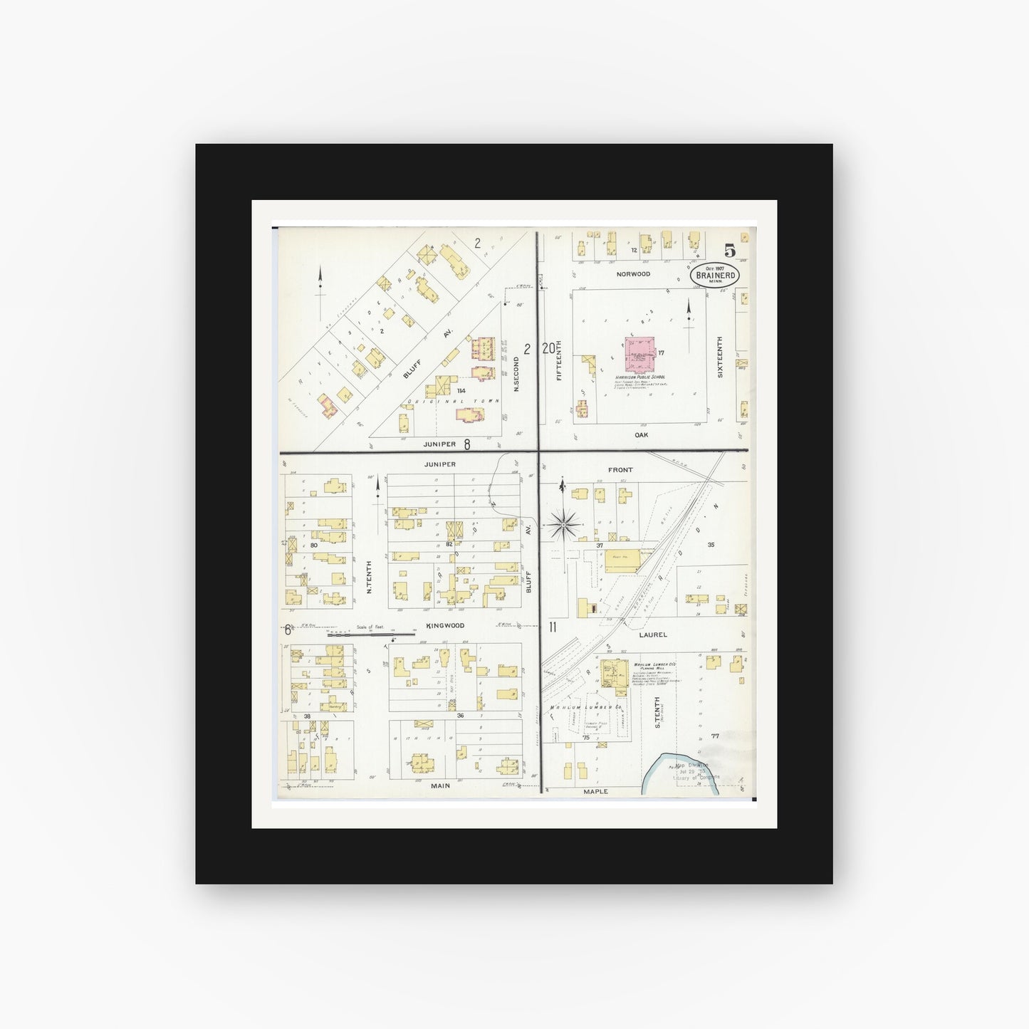 Old map wall art mockup — black gallery frame with white mat — Sanborn Fire Insurance Map from Brainerd, Crow Wing County, Minnesota (1907), Sheet #0005
