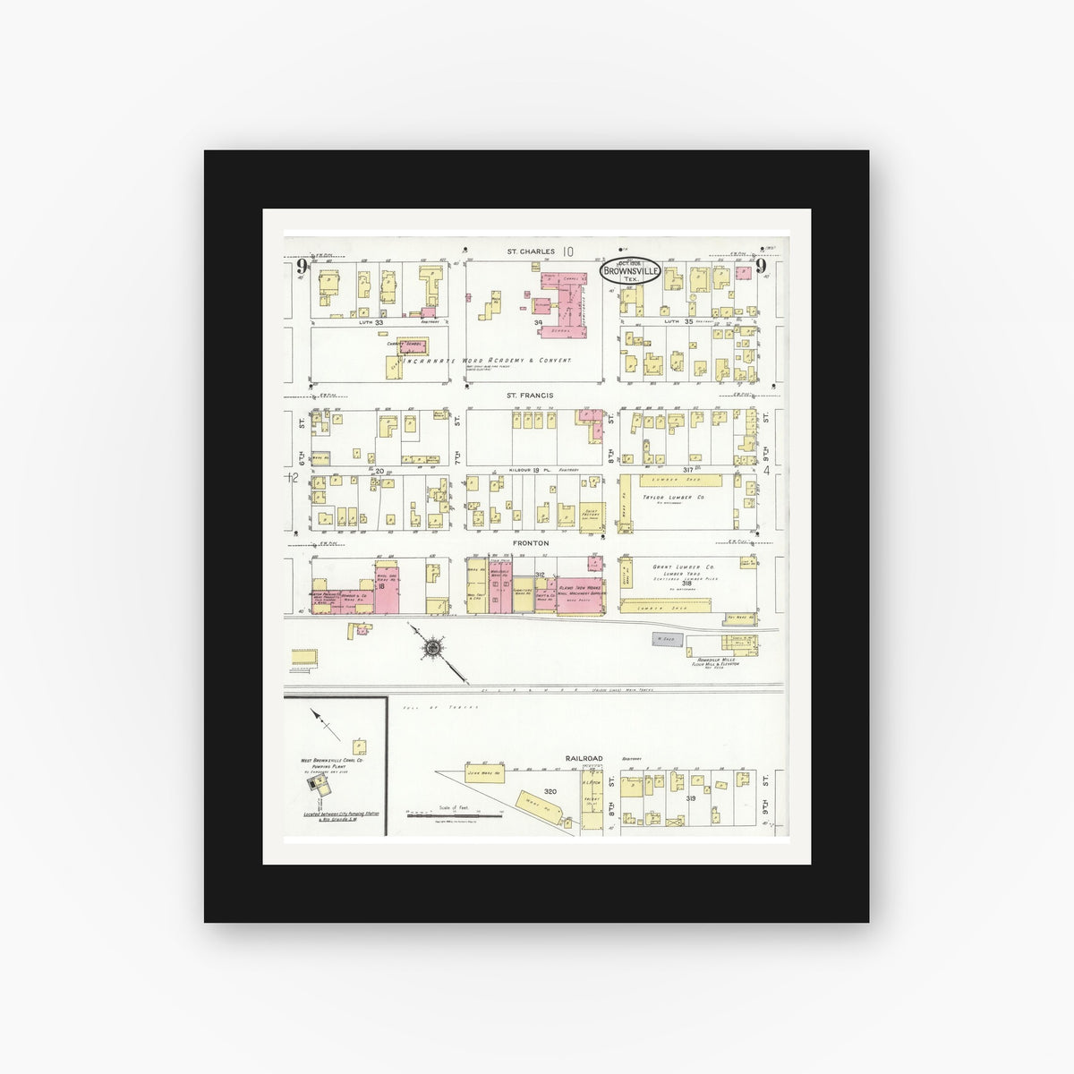 Old map wall art mockup — black gallery frame with white mat — Sanborn Fire Insurance Map from Brownsville, Cameron County, Texas (1926), Sheet #0009