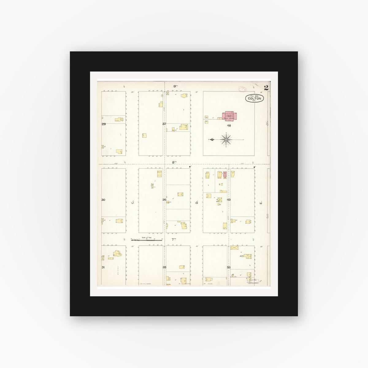 Old map wall art mockup — black gallery frame with white mat — Sanborn Fire Insurance Map from Colton, San Bernardino County, California (1894), Sheet #0002