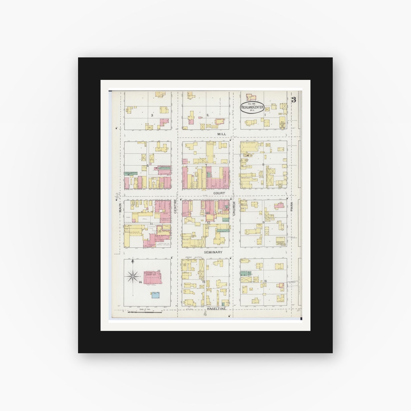 Old map wall art mockup — black gallery frame with white mat — Sanborn Fire Insurance Map from Richland Center, Richland County, Wisconsin (1892), Sheet #0003