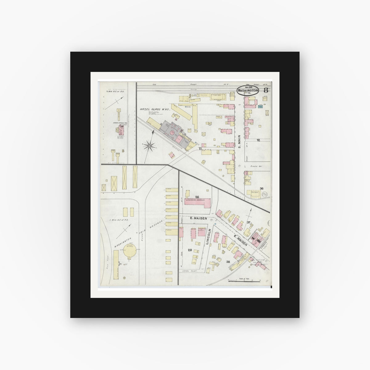 Old map wall art mockup — black gallery frame with white mat — Sanborn Fire Insurance Map from Washington, Washington County, Pennsylvania (1891), Sheet #0008
