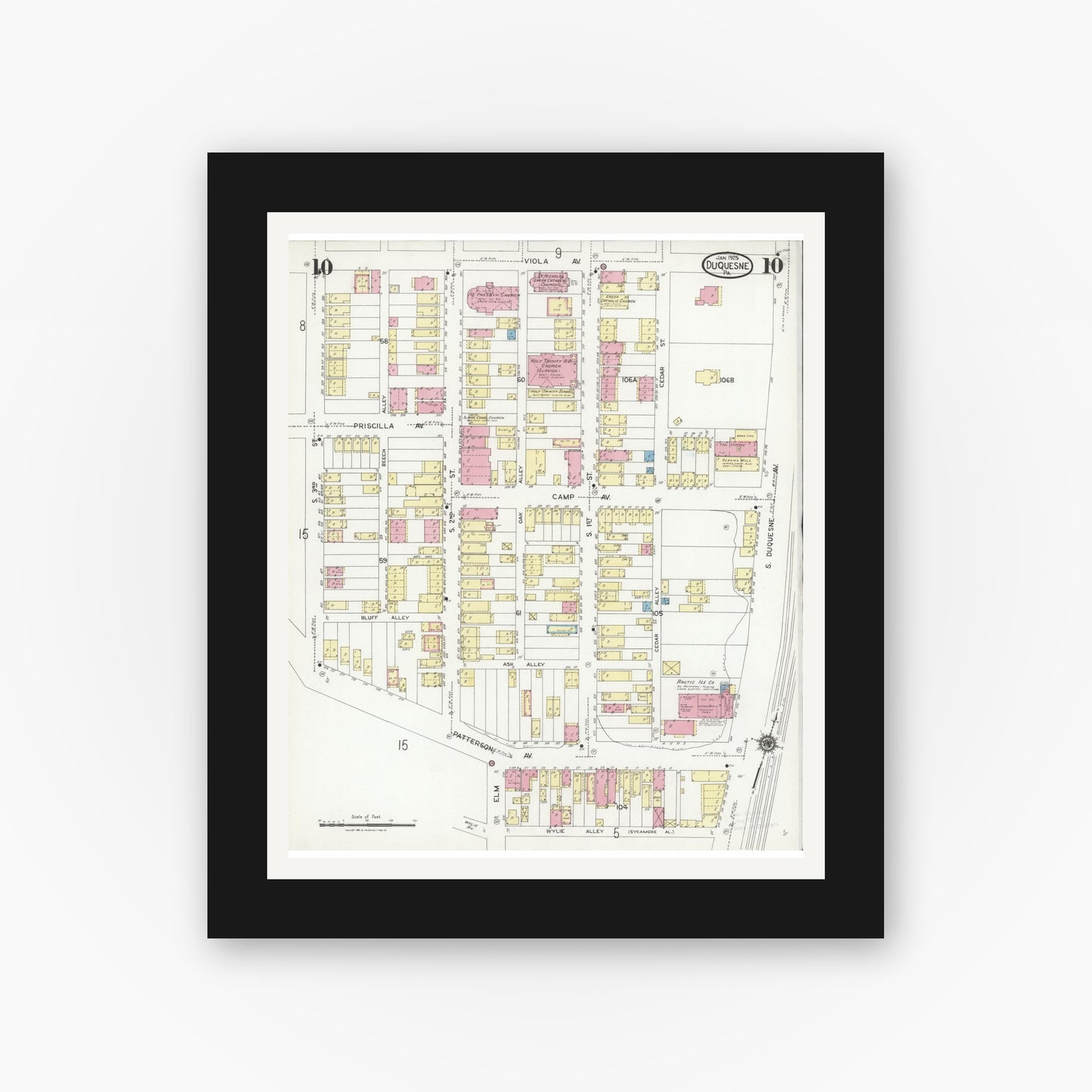 Old map wall art mockup — black gallery frame with white mat — Sanborn Fire Insurance Map from Duquesne, Allegheny County, Pennsylvania (1925), Sheet #0010