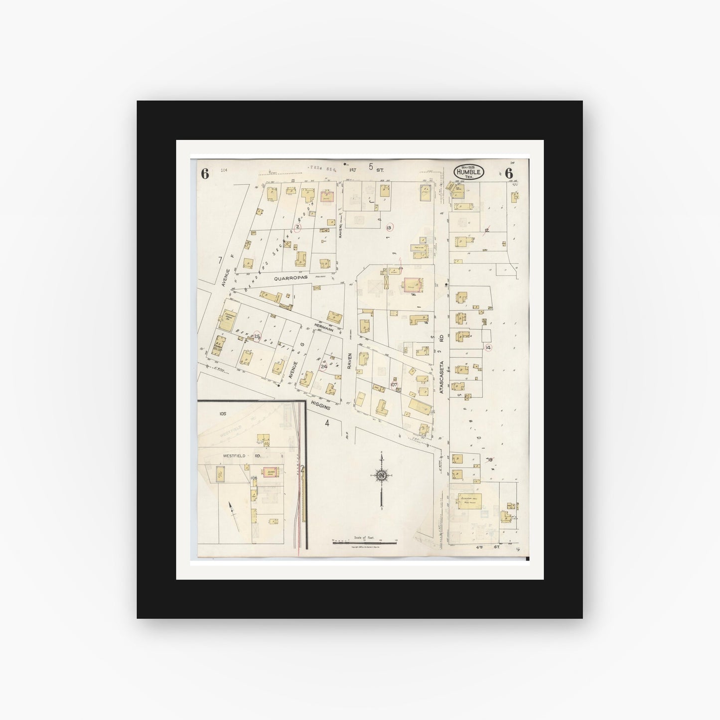 Old map wall art mockup — black gallery frame with white mat — Sanborn Fire Insurance Map from Humble, Harris County, Texas (1940), Sheet #0006