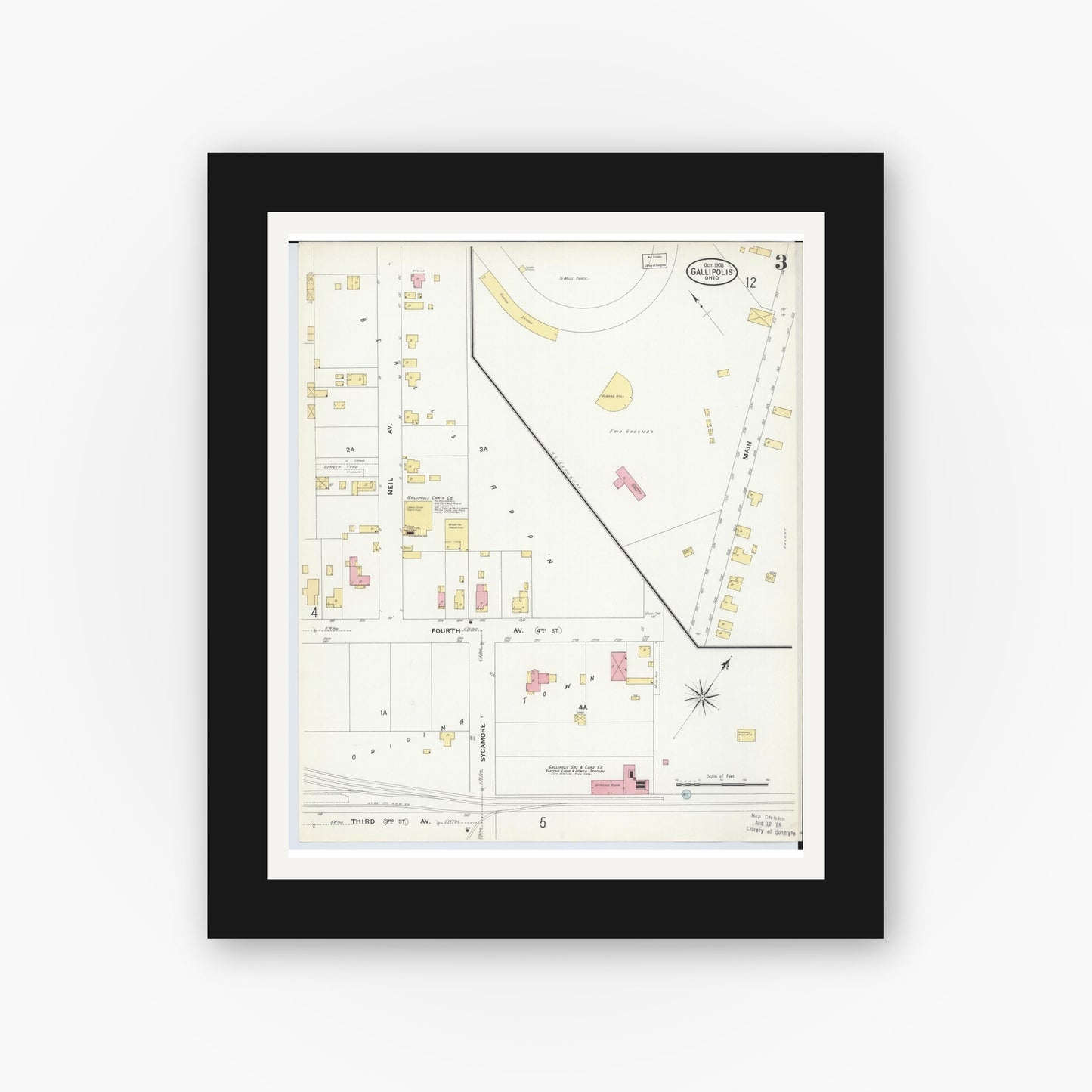 Old map wall art mockup — black gallery frame with white mat — Sanborn Fire Insurance Map from Gallipolis, Gallia County, Ohio (1908), Sheet #0003