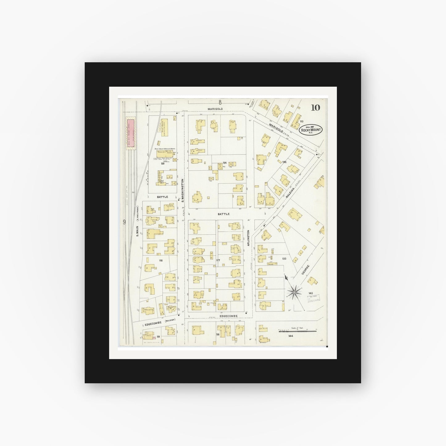Old map wall art mockup — black gallery frame with white mat — Sanborn Fire Insurance Map from Rocky Mount, Edgecombe And Nash Counties, North Carolina (1907), Sheet #0010