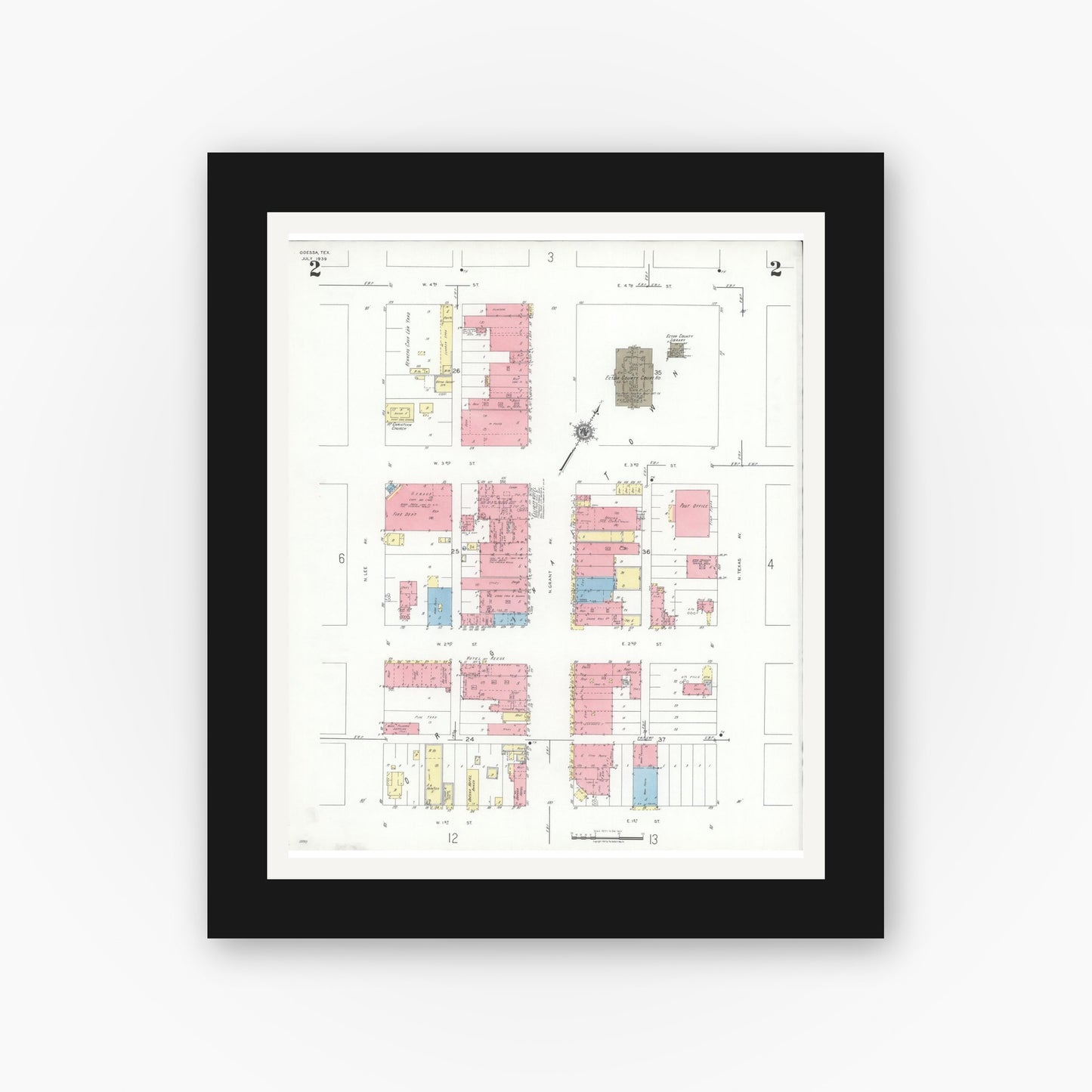 Old map wall art mockup — black gallery frame with white mat — Sanborn Fire Insurance Map from Odessa, Edger County, Texas (1939), Sheet #0002