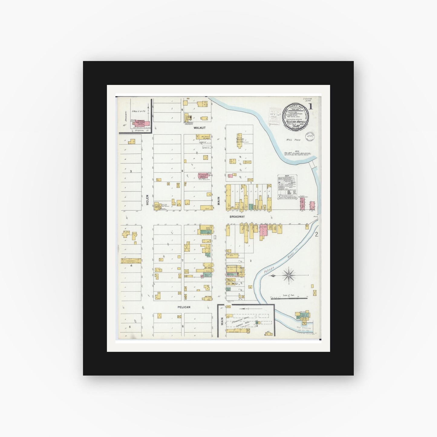 Old map wall art mockup — black gallery frame with white mat — Sanborn Fire Insurance Map from Pelican Rapids, Otter Tail County, Minnesota (1899), Sheet #0001