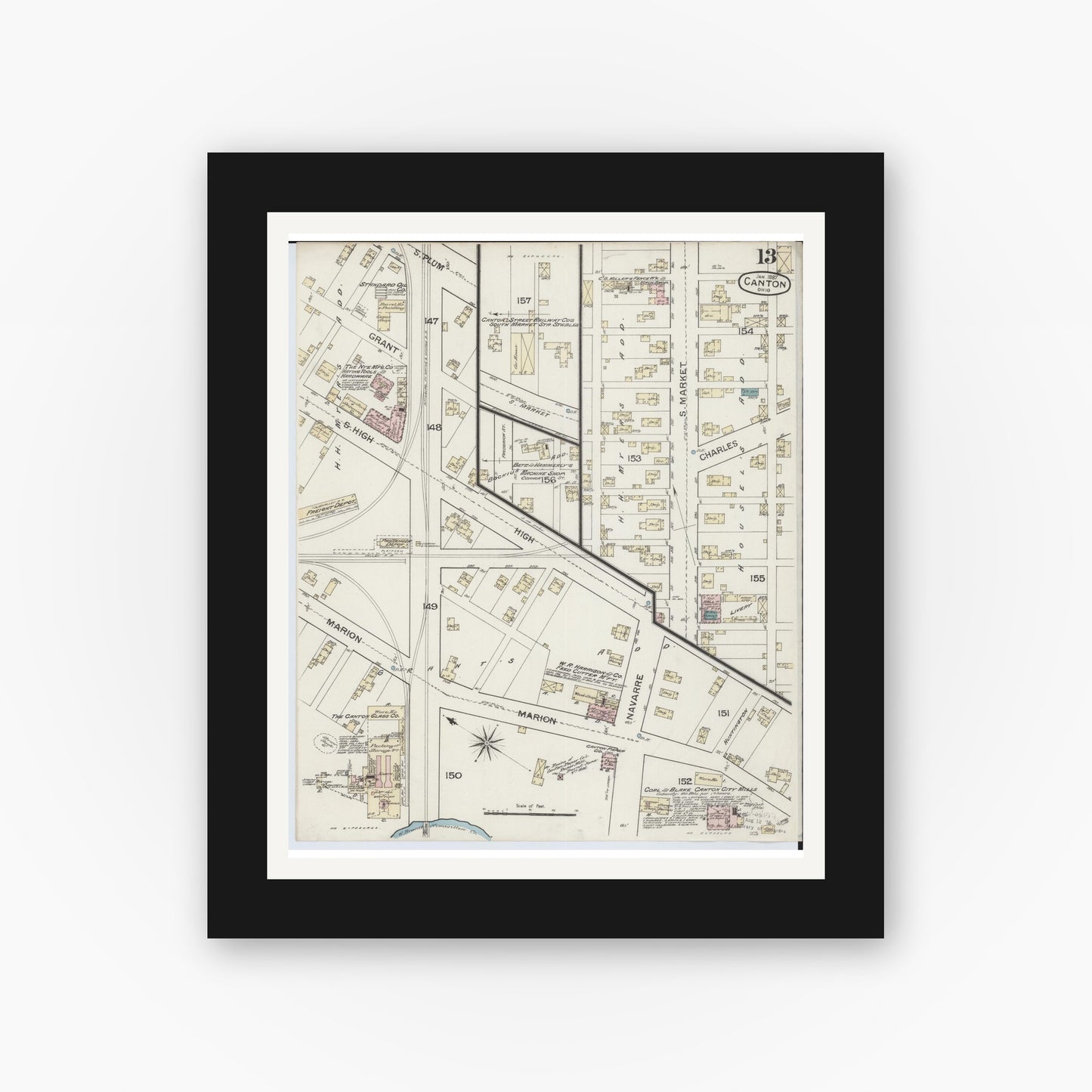 Old map wall art mockup — black gallery frame with white mat — Sanborn Fire Insurance Map from Canton, Stark County, Ohio (1887), Sheet #0013