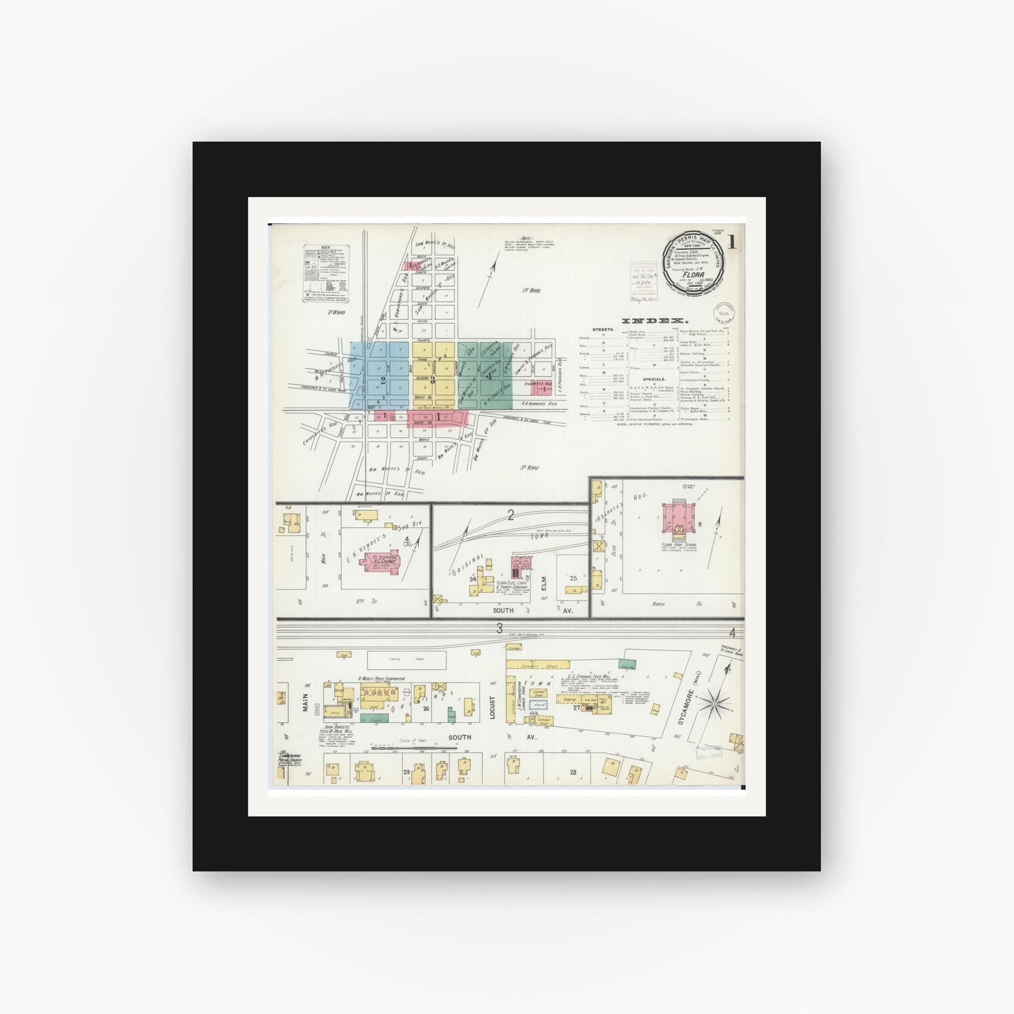 Old map wall art mockup — black gallery frame with white mat — Sanborn Fire Insurance Map from Flora, Clay County, Illinois (1899), Sheet #0001