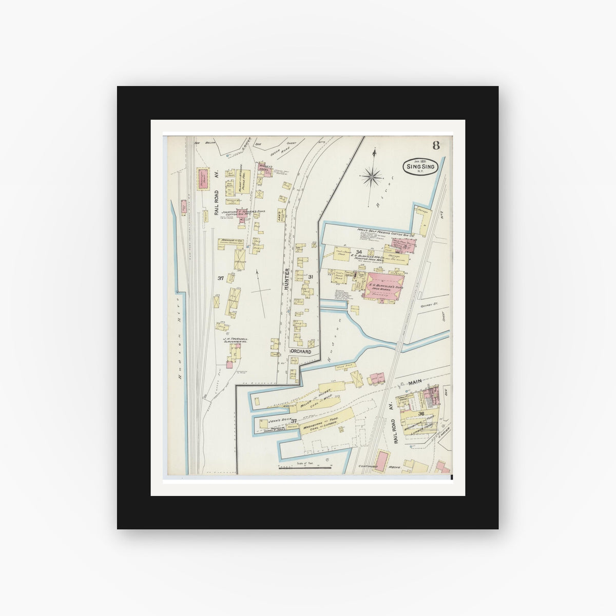Old map wall art mockup — black gallery frame with white mat — Sanborn Fire Insurance Map from Sing Sing, Westchester County, New York (1891), Sheet #0008