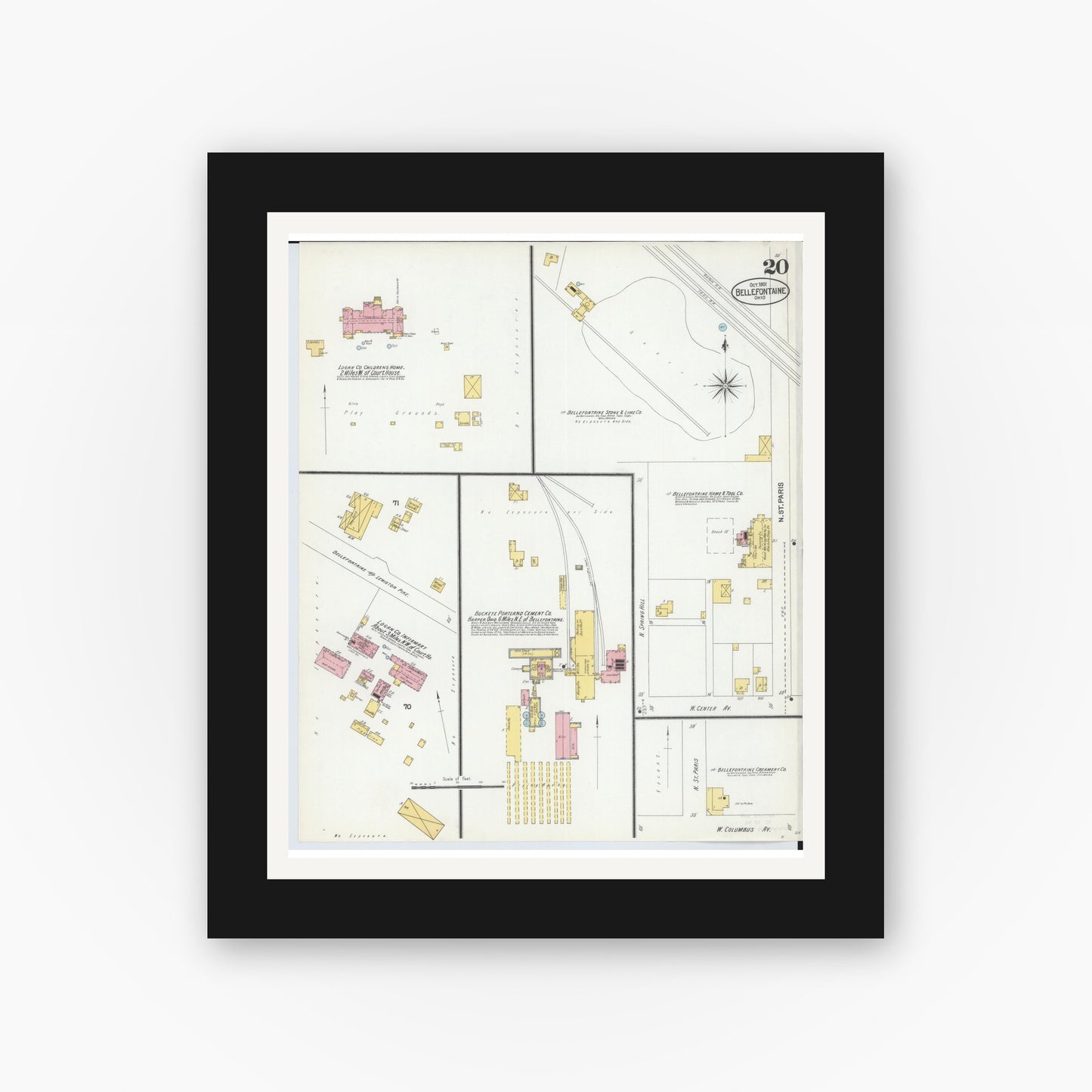 Old map wall art mockup — black gallery frame with white mat — Sanborn Fire Insurance Map from Bellefontaine, Logan County, Ohio (1901), Sheet #0020