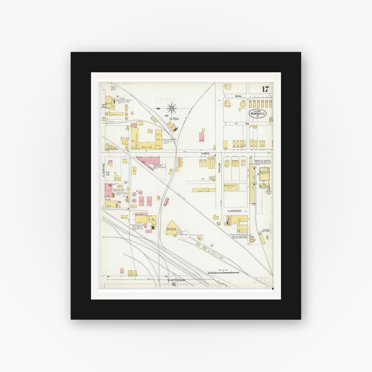 Old map wall art mockup — black gallery frame with white mat — Sanborn Fire Insurance Map from New Castle, Lawrence County, Pennsylvania (1899), Sheet #0017