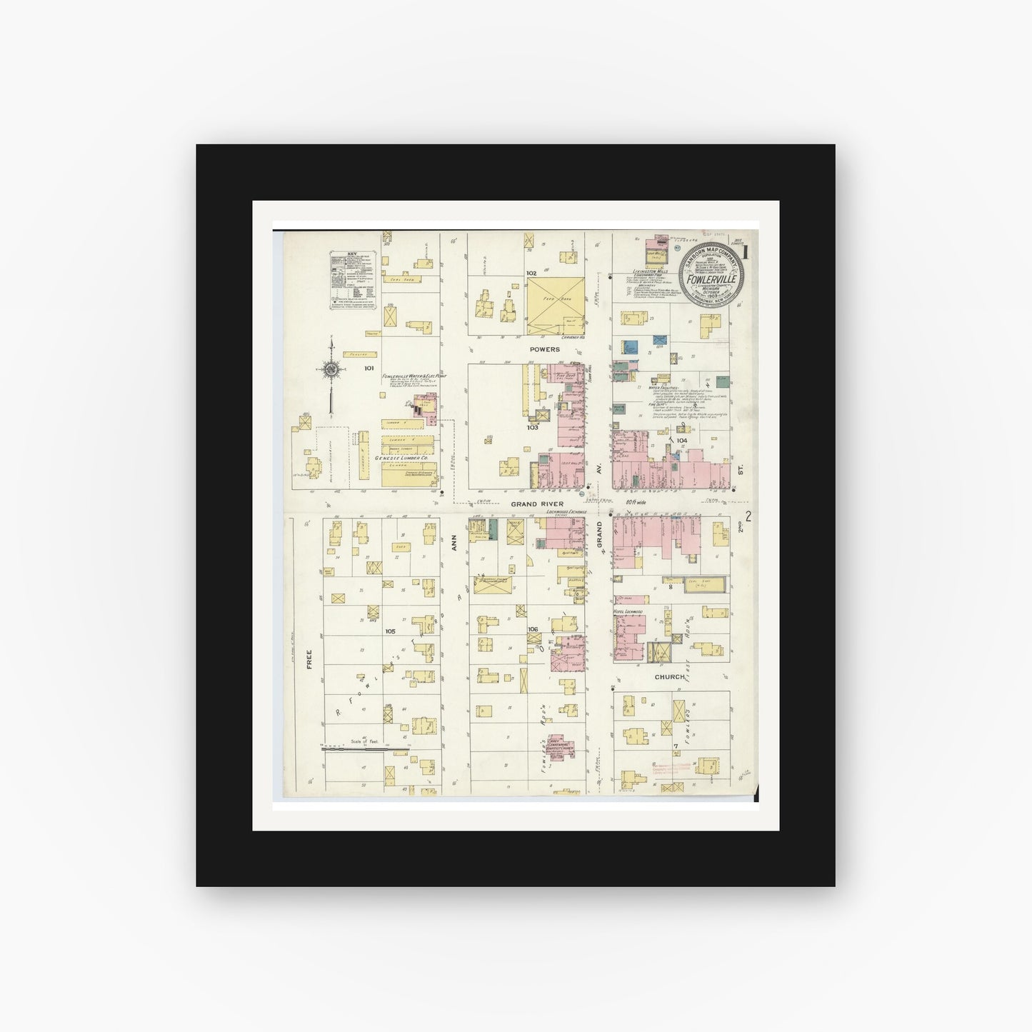 Old map wall art mockup — black gallery frame with white mat — Sanborn Fire Insurance Map from Fowlerville, Livingston County, Michigan (1909) - Complete Map Set