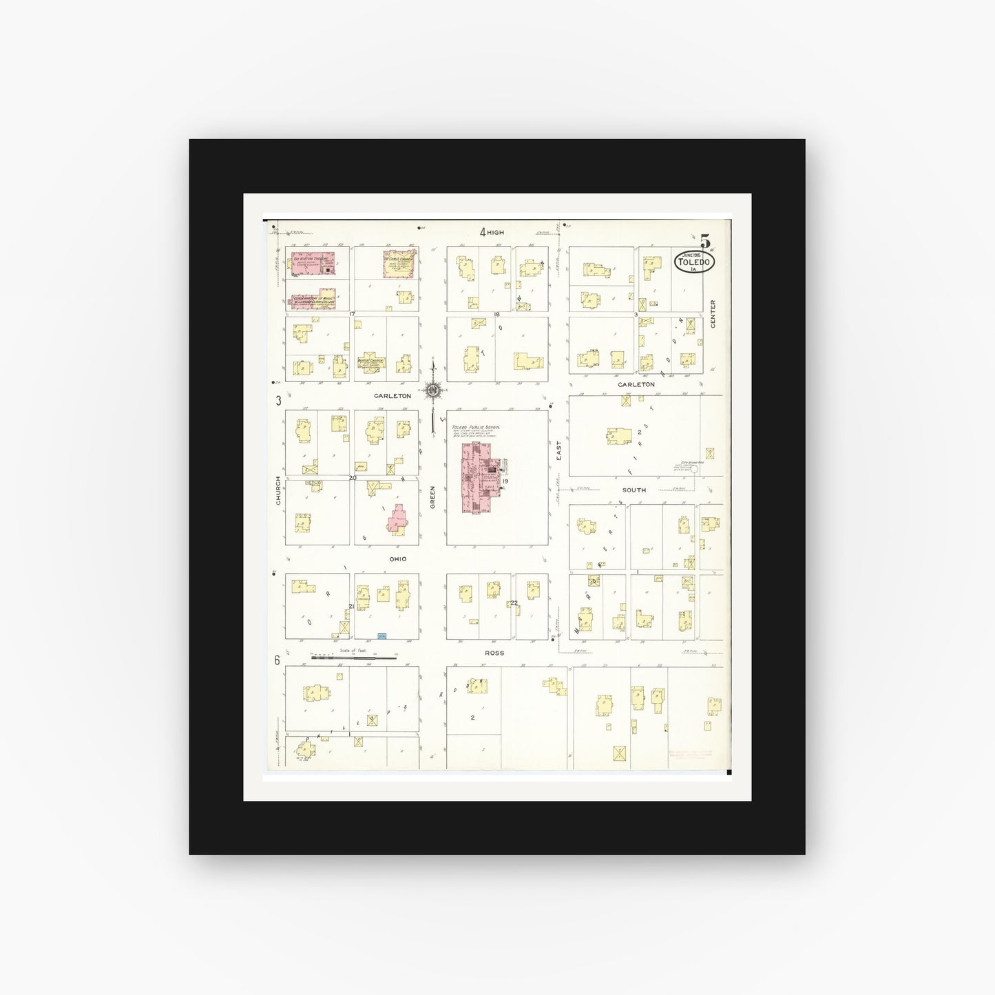 Old map wall art mockup — black gallery frame with white mat — Sanborn Fire Insurance Map from Toledo, Tama County, Iowa (1915), Sheet #0005