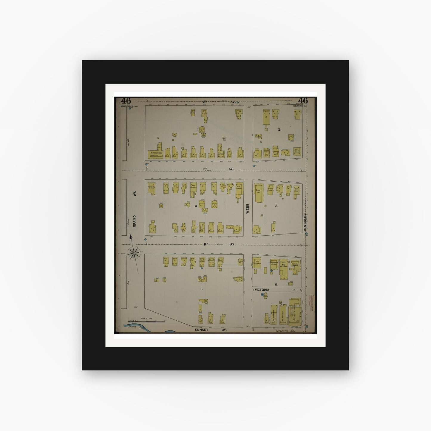 Old map wall art mockup — black gallery frame with white mat — Sanborn Fire Insurance Map from New Jersey Coast, New Jersey Coast, New Jersey (1890), Sheet #0046