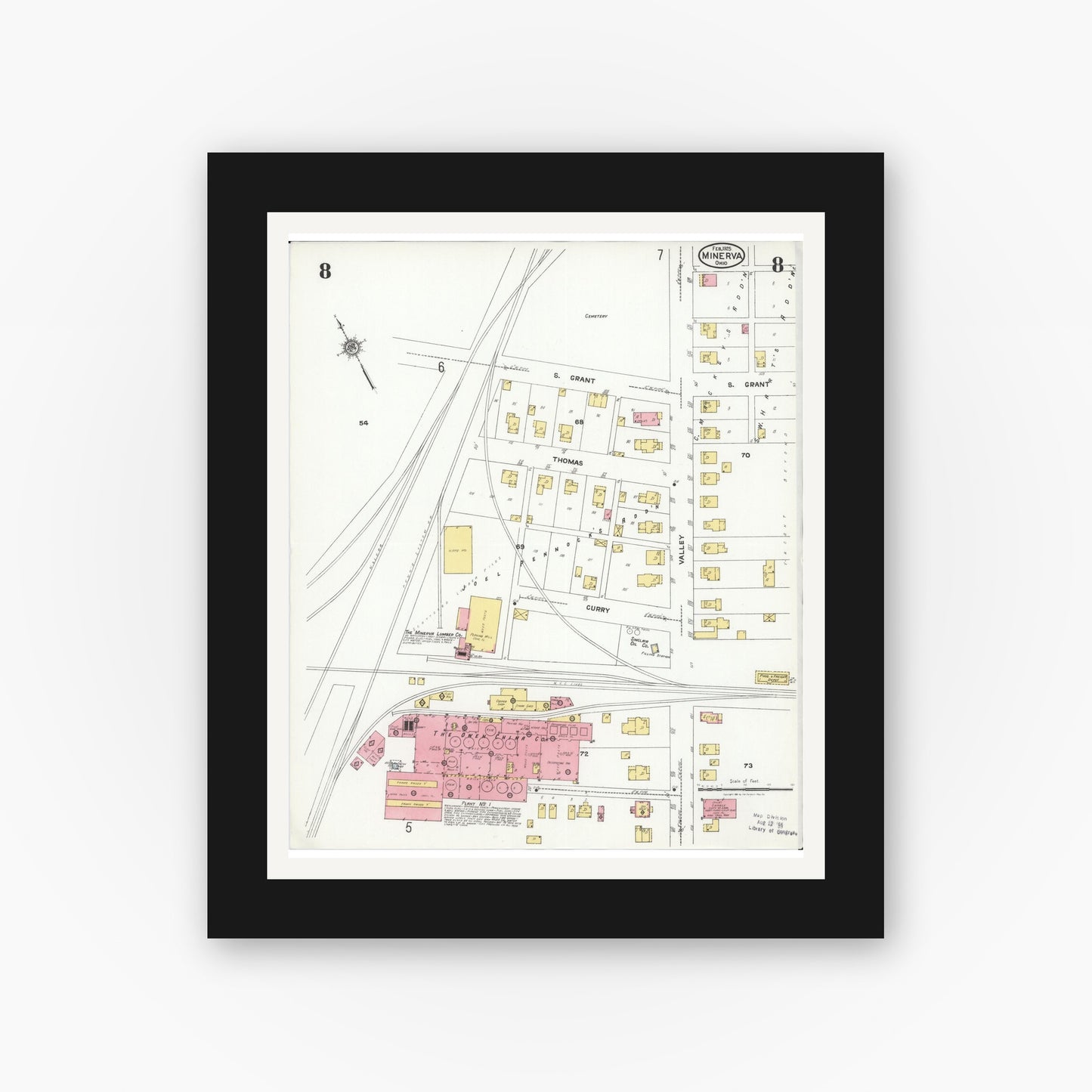 Old map wall art mockup — black gallery frame with white mat — Sanborn Fire Insurance Map from Minerva, Stark And Carroll Counties, Ohio (1925), Sheet #0008