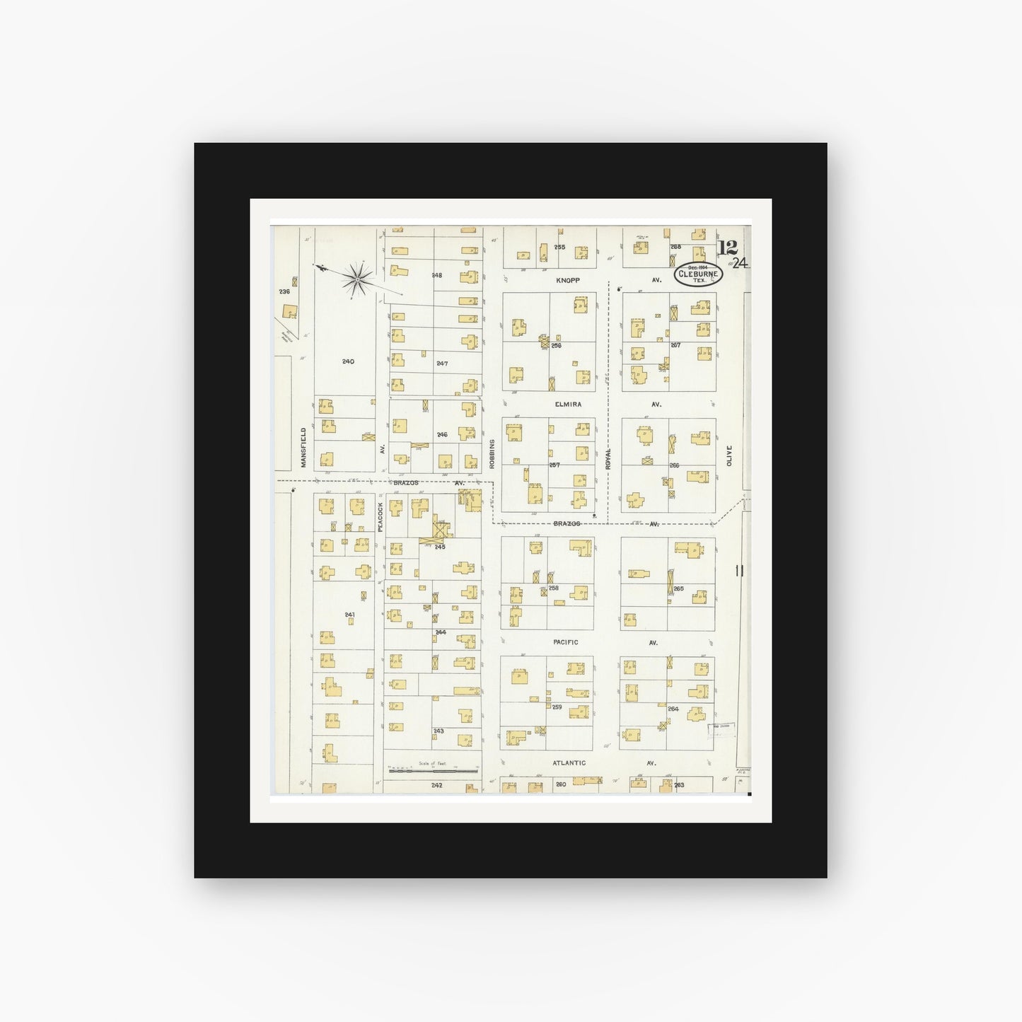 Old map wall art mockup — black gallery frame with white mat — Sanborn Fire Insurance Map from Cleburne, Johnson County, Texas (1904), Sheet #0012