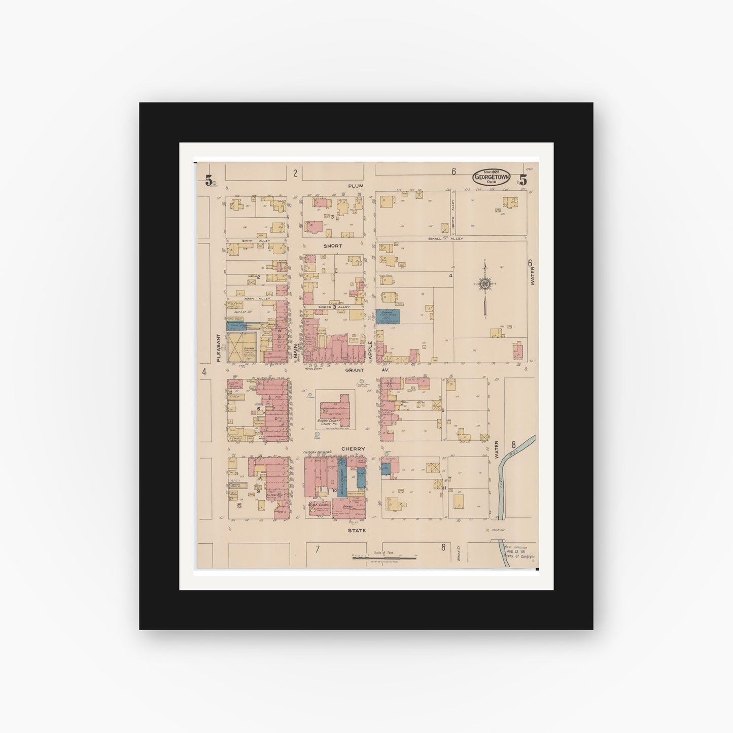 Old map wall art mockup — black gallery frame with white mat — Sanborn Fire Insurance Map from Georgetown, Brown County, Ohio (1922), Sheet #0005