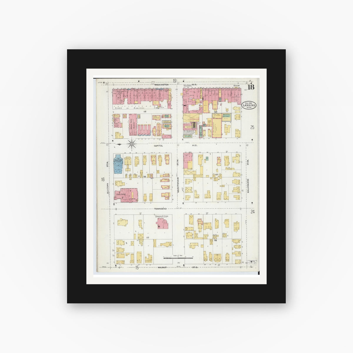 Old map wall art mockup — black gallery frame with white mat — Sanborn Fire Insurance Map from Lansing, Ingham County, Michigan (1906), Sheet #0018