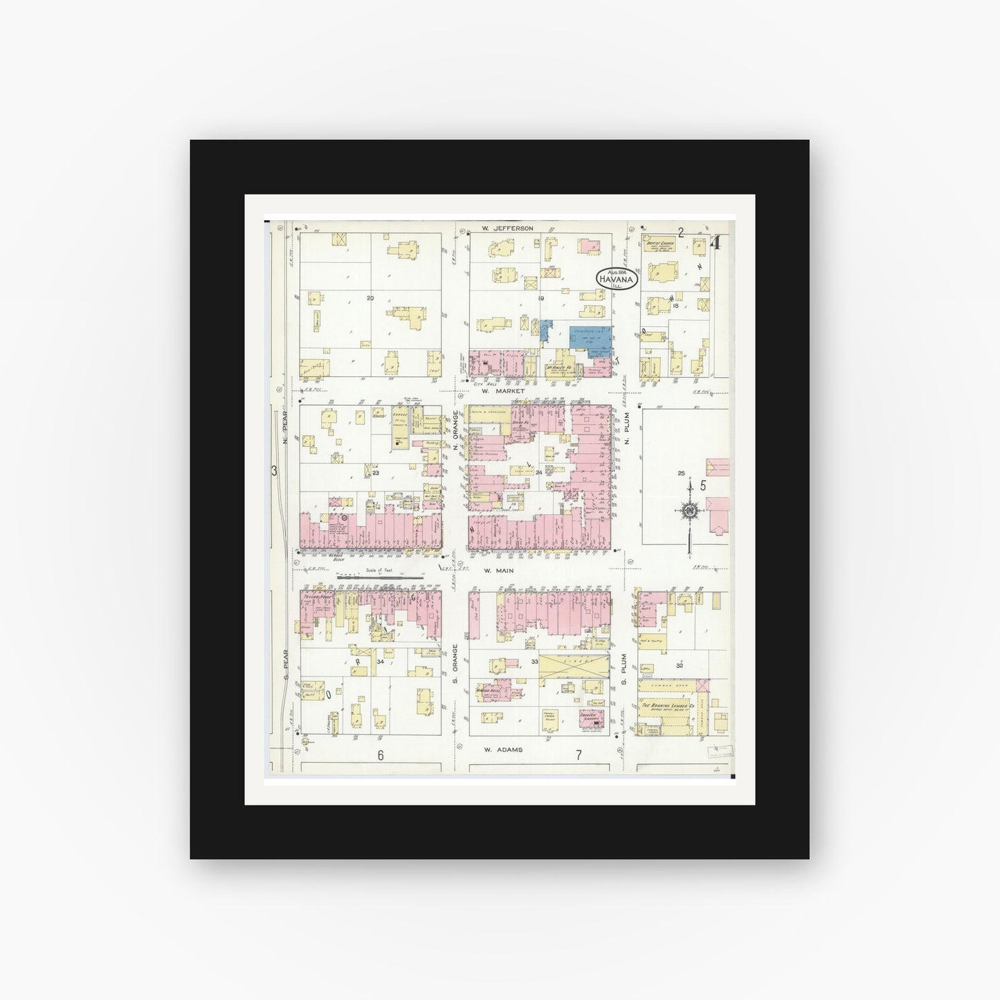 Old map wall art mockup — black gallery frame with white mat — Sanborn Fire Insurance Map from Havana, Mason County, Illinois (1914), Sheet #0004