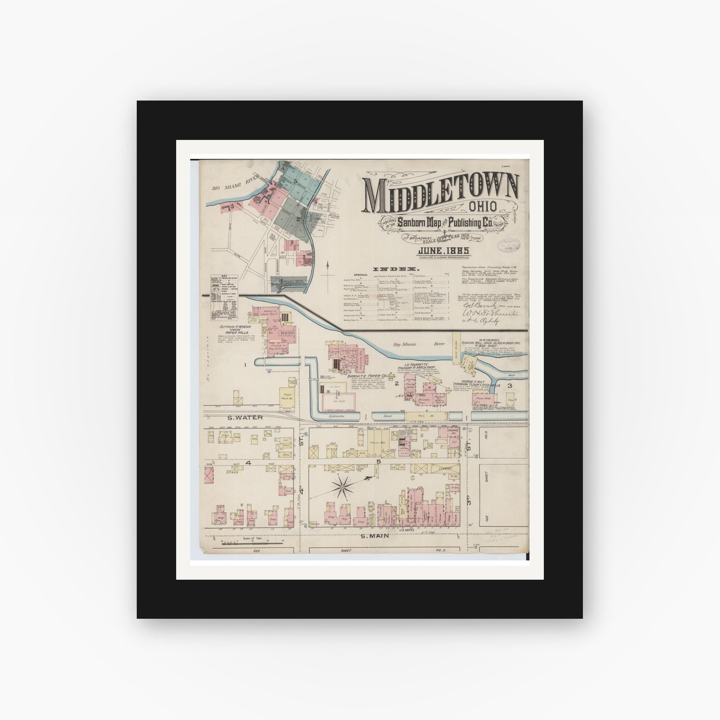 Old map wall art mockup — black gallery frame with white mat — Sanborn Fire Insurance Map from Middletown, Butler County, Ohio (1885) - Complete Map Set