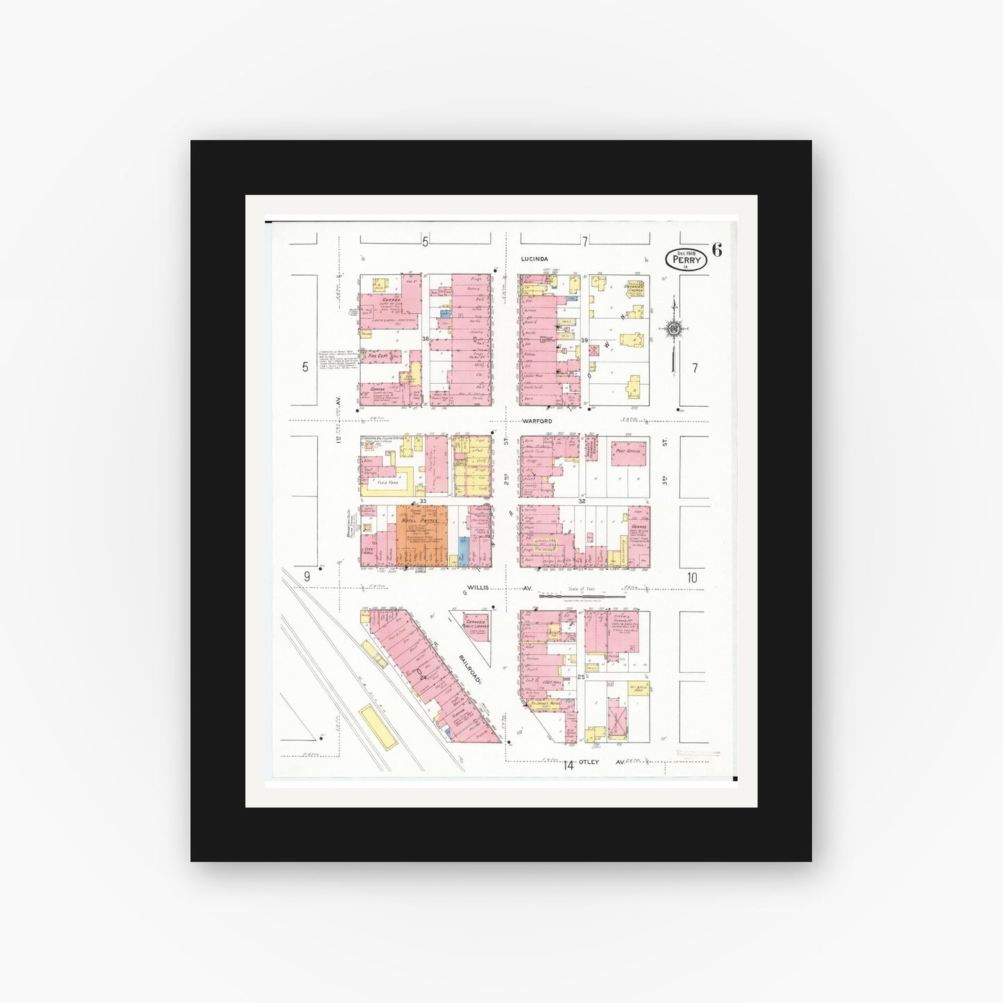 Old map wall art mockup — black gallery frame with white mat — Sanborn Fire Insurance Map from Perry, Dallas County, Iowa (1918), Sheet #0006