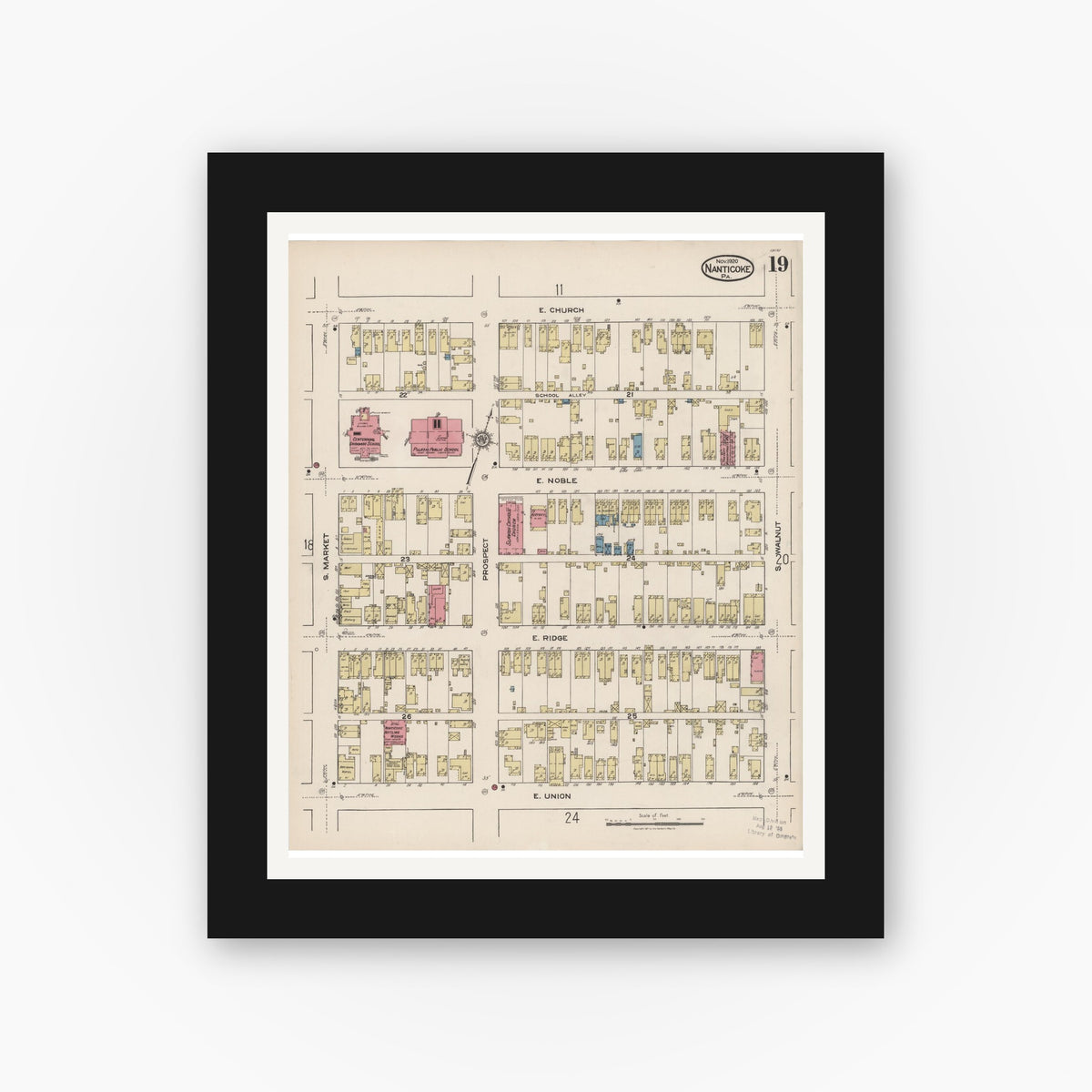 Old map wall art mockup — black gallery frame with white mat — Sanborn Fire Insurance Map from Nanticoke, Luzerne County, Pennsylvania (1920), Sheet #0019