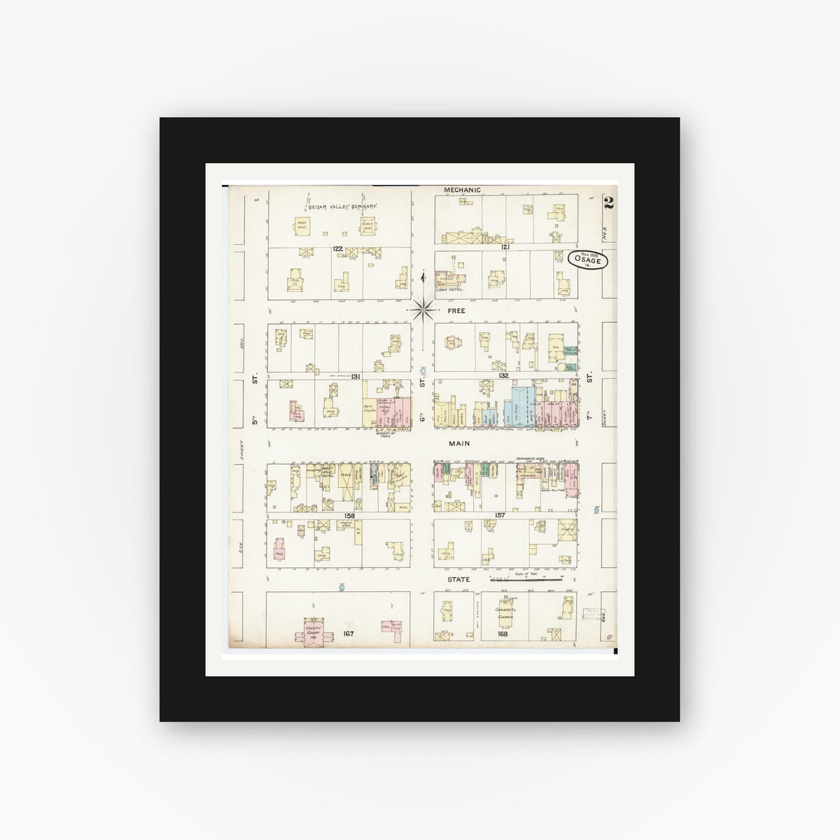 Old map wall art mockup — black gallery frame with white mat — Sanborn Fire Insurance Map from Osage, Mitchell County, Iowa (1888), Sheet #0002