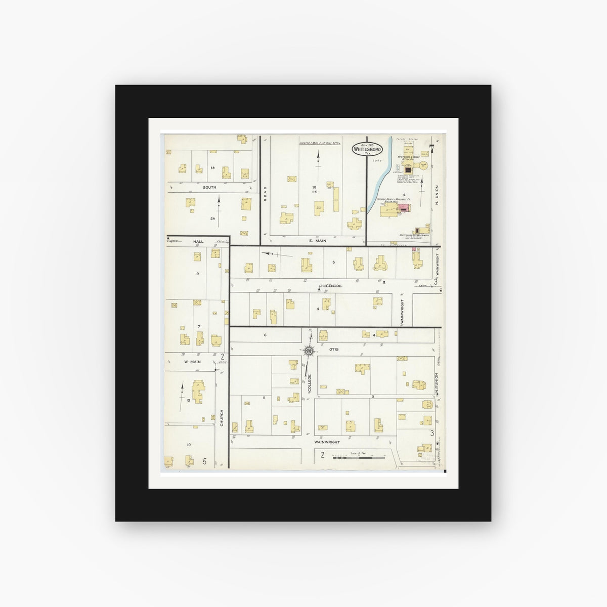 Old map wall art mockup — black gallery frame with white mat — Sanborn Fire Insurance Map from Whitesboro, Grayson County, Texas (1915), Sheet #0007
