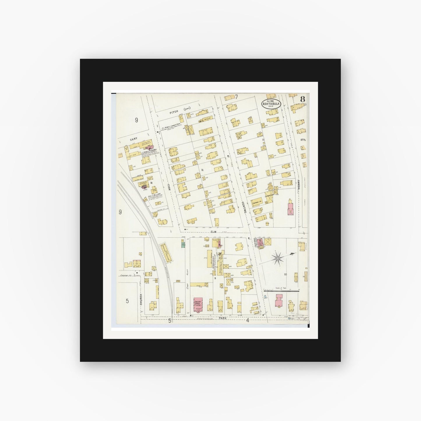 Old map wall art mockup — black gallery frame with white mat — Sanborn Fire Insurance Map from Ashtabula, Ashtabula County, Ohio (1898), Sheet #0008
