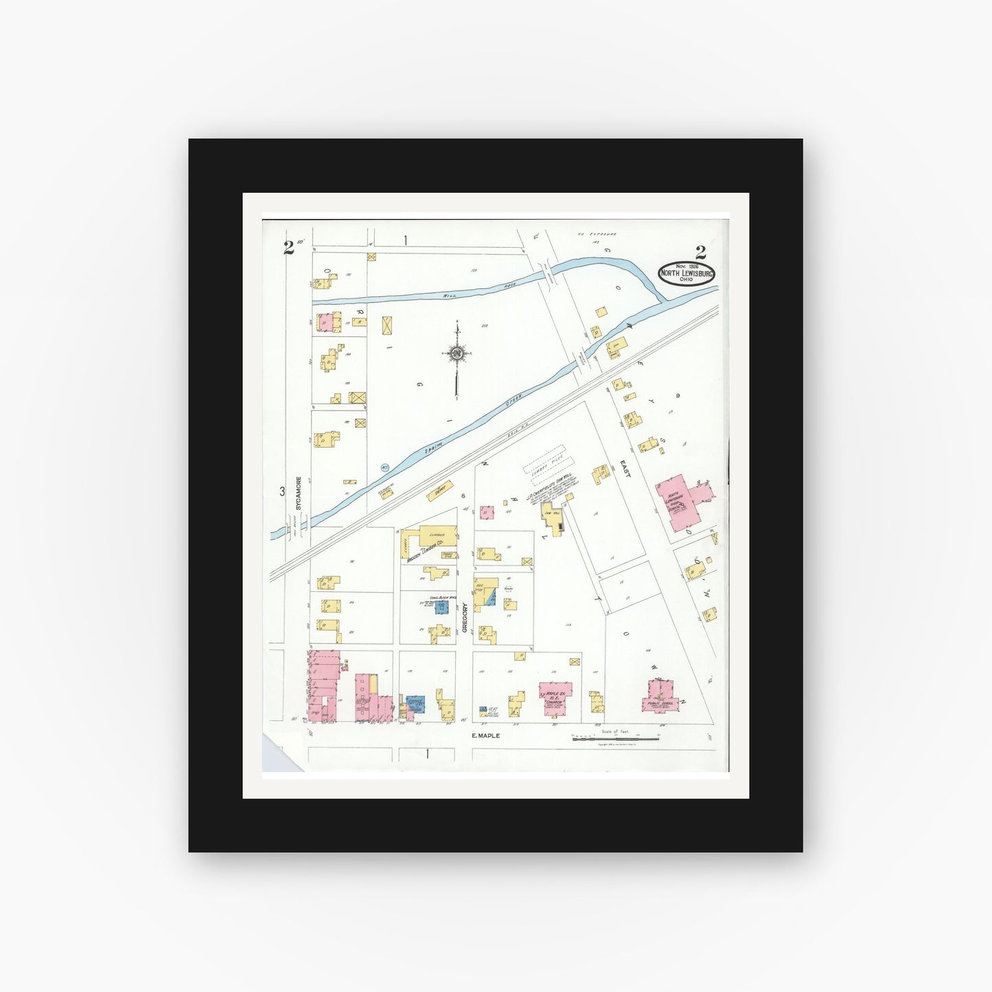 Old map wall art mockup — black gallery frame with white mat — Sanborn Fire Insurance Map from North Lewisburg, Champaign County, Ohio (1926), Sheet #0002
